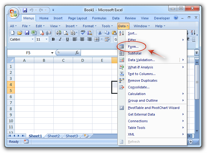 MS Excel data menu