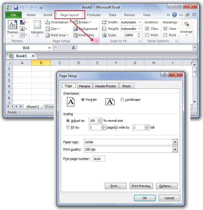 MS Excel page layout